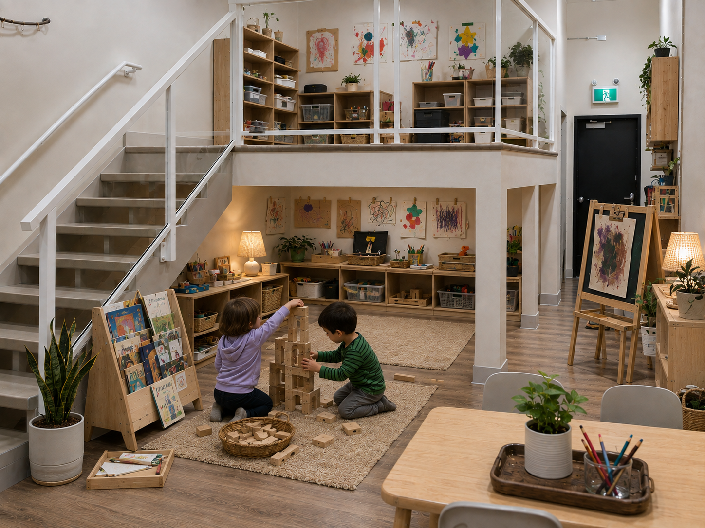 Children building with wooden blocks in the thoughtfully organized Clever Cubs preschool classroom.